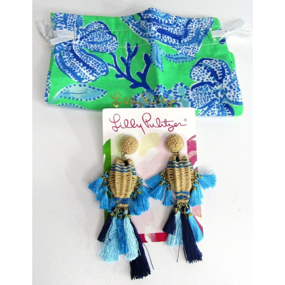 Lily Pulitzer Wicker Fish Blue Turquoise Tassel Pierced Fishy Kiss Earrings